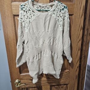 Beige Knit Sweater with Lace Details